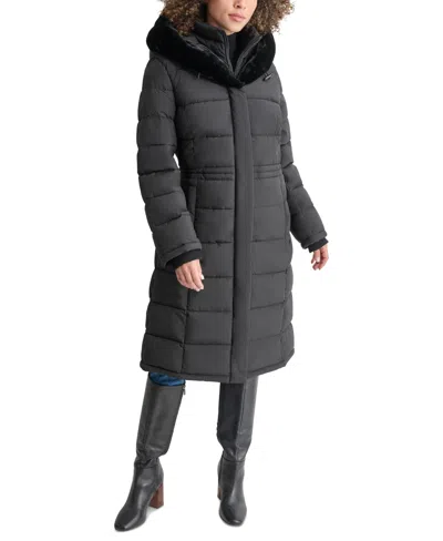 Dkny Women's Faux-fur-trim Hooded Bibbed Puffer Coat In Black