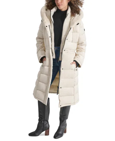 Dkny Women's Faux-fur-trim Hooded Bibbed Puffer Coat In Chiffon