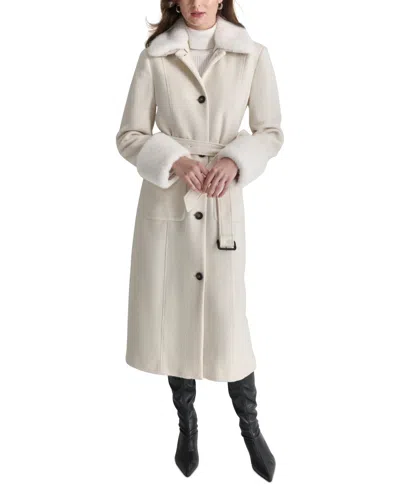 Dkny Women's Faux-fur-trim Single-breasted Belted Coat In Pearl
