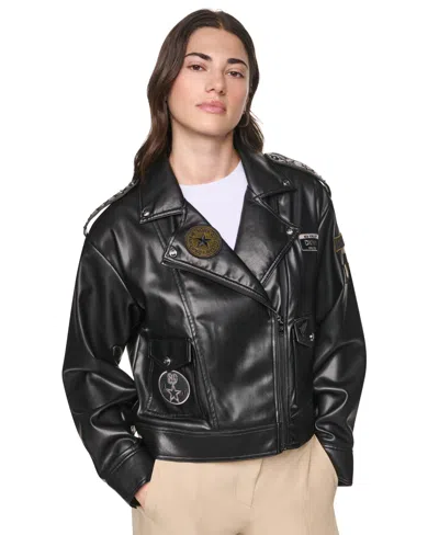 Dkny Women's Faux Leather Collared Zip-front Jacket In Black