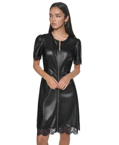 Dkny Women's Faux Leather Lace-trim Puff-sleeve Midi Dress In Black