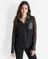 Dkny Women's Faux Leather Paneled Semi-sheer Shirt In Black