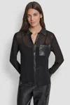 Dkny Women's Faux Leather Paneled Semi-sheer Shirt In Black
