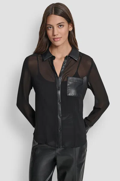 Dkny Women's Faux Leather Paneled Semi-sheer Shirt In Black