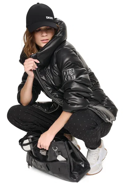 Dkny Women's Faux Leather Puffer Jacket In Black