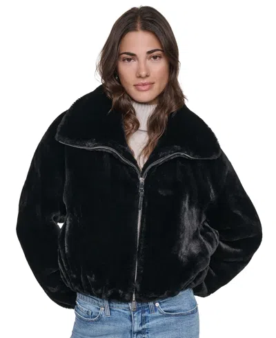 Dkny Women's Faux Shearling Cropped Zip-up Bomber In Black