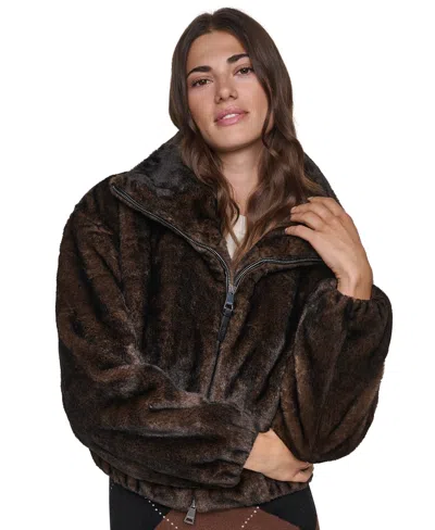 Dkny Women's Faux Shearling Cropped Zip-up Bomber In Dark Brown