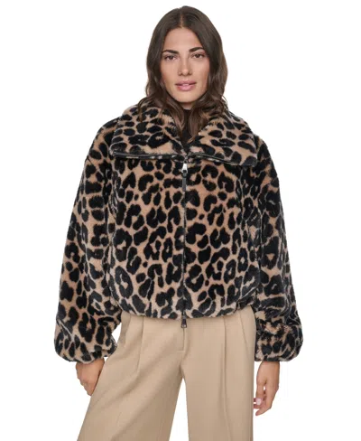 Dkny Women's Faux Shearling Cropped Zip-up Bomber In Leopard