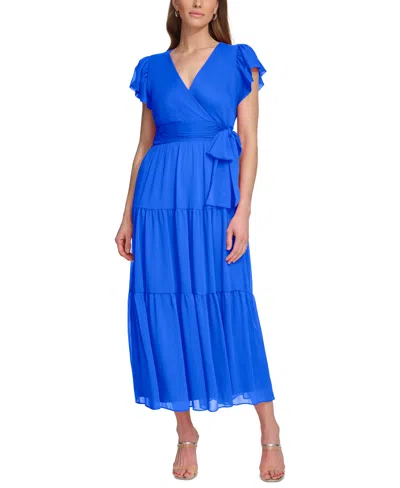 Dkny Women's Faux-wrap Cap-sleeve Tiered Midi Dress In Cobalt