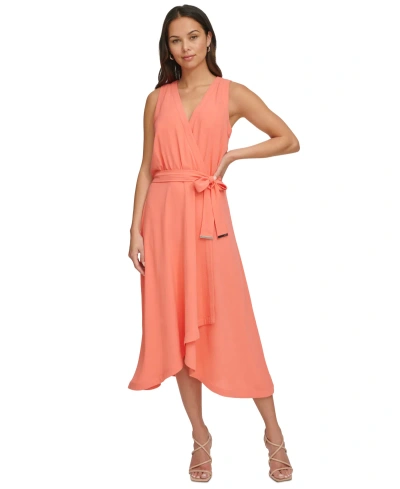 Dkny Women's Faux-wrap Sleeveless Tie-waist Midi Dress In Orange