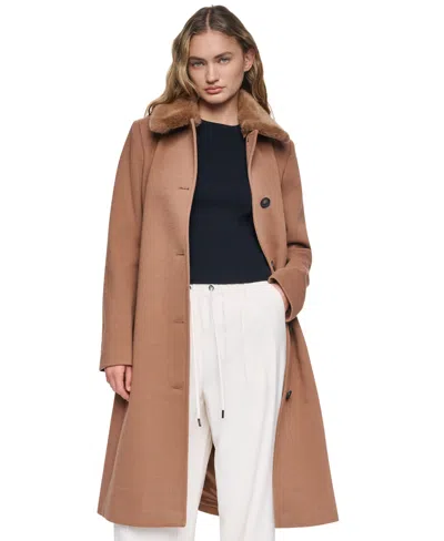 Dkny Women's Faux-fur Collar Belted Coat In Brown