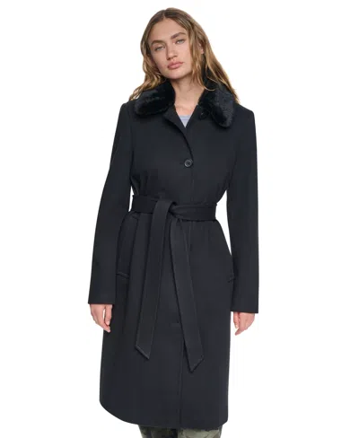 Dkny Women's Faux-fur Collar Belted Coat In Black