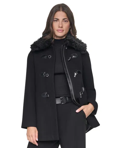 Dkny Women's Faux-fur Collared Wool-blend Mid-length Coat In Black