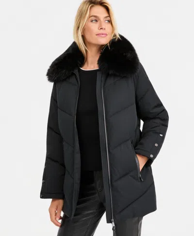 Dkny Women's Faux-fur-collar Puffer Coat In Black