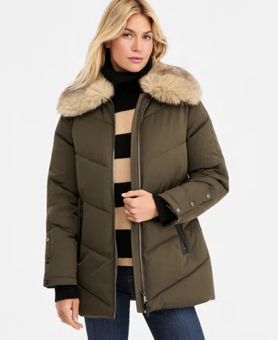 Dkny Women's Faux-fur-collar Puffer Coat In Green