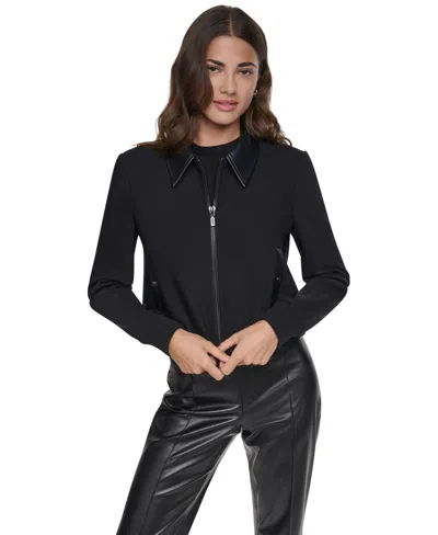 Dkny Women's Faux-leather Moto Cropped Bomber Jacket In Black