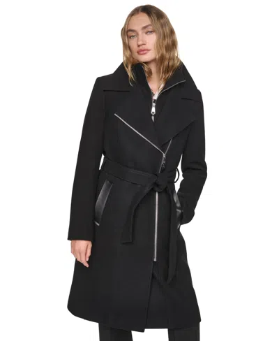 Dkny Women's Faux-leather Trimmed Assymetrical Wrap Coat In Black