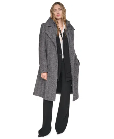 Dkny Women's Faux-leather Trimmed Assymetrical Wrap Coat In Gray