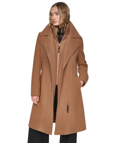 Dkny Women's Faux-leather Trimmed Assymetrical Wrap Coat In Brown