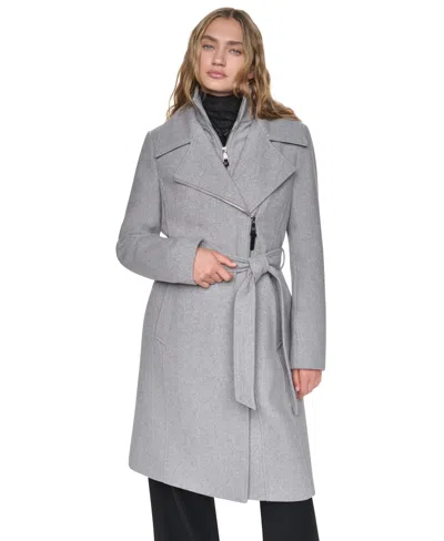 Dkny Women's Faux-leather Trimmed Assymetrical Wrap Coat In Silver