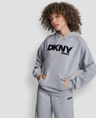 Dkny Women's Flock Logo Kanga Pocket Pull-on Hoodie In Gray