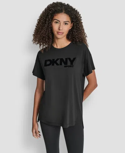 Dkny Women's Flocked Logo Drop Shoulder T-shirt In Black