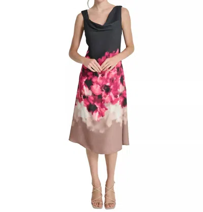 Dkny Women's Floral Asymmetric Cowlneck Midi Dress In Black & Pink
