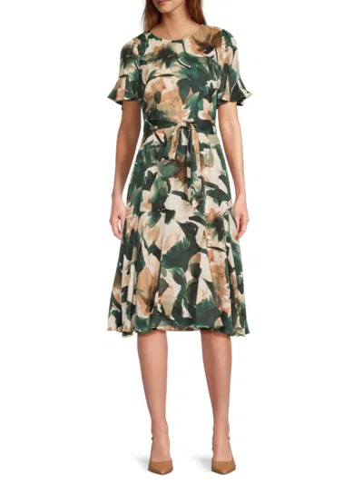 Dkny Women's Floral Belted Midi-dress In Green