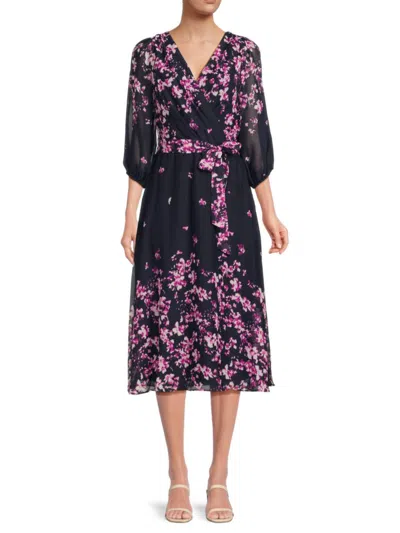 Dkny Women's Floral Belted Midi Dress In Blue Pink