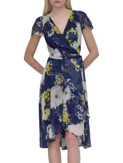 Dkny Women's Floral Belted Wrap Midi Dress In Navy Yellow