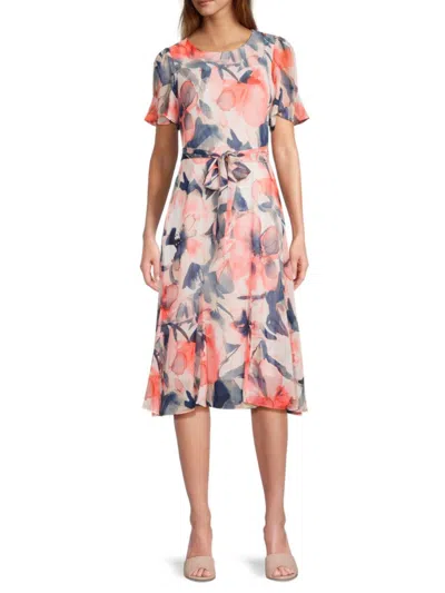 Dkny Women's Floral Chiffon Midi Dress In Navy Orange Multi