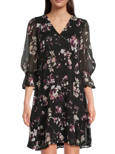 Dkny Women's Floral Chiffon Minidress In Black