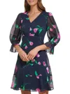 Dkny Women's Printed V-neck Ruffle-hem Dress In Navy Rasberry