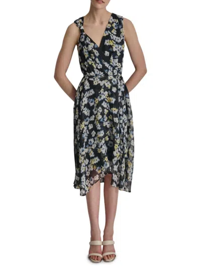 Dkny Women's Floral Knot Shoulder Asymmetric Midi Dress In Navy Lemon
