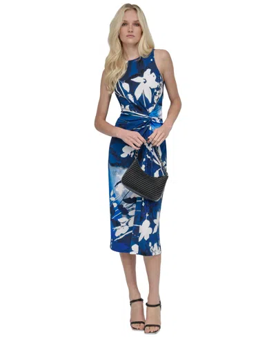 Dkny Women's Floral-print Twisted-waist Midi Dress In Indigo,atlantic Blue