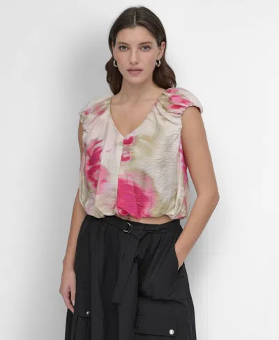 Dkny Women's Floral-print V-neck Cap-sleeve Top In Multi
