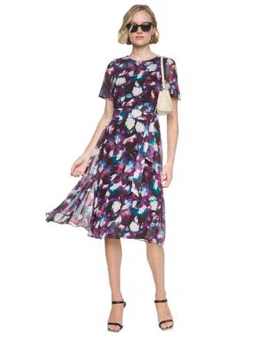Dkny Women's Floral-print A-line Godet Sleeve Midi Dress In Purple