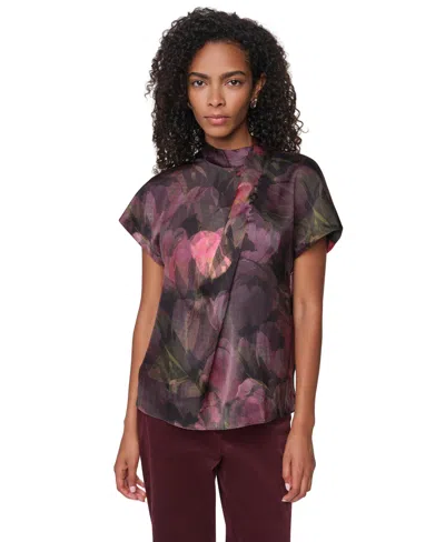 Dkny Women's Floral-print Mock Neck Short-sleeve Blouse In Multi