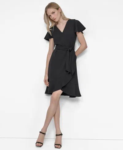 Dkny Women's Flutter Short-sleeve V-neck Faux-wrap Dress In Black