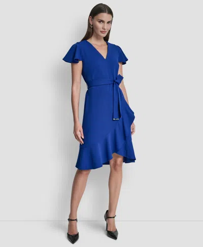 Dkny Women's Flutter Short-sleeve V-neck Faux-wrap Dress In Blue
