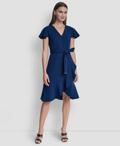 Dkny Women's Flutter Short-sleeve V-neck Faux-wrap Dress In Blue