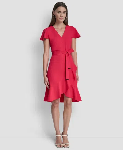 Dkny Women's Flutter Short-sleeve V-neck Faux-wrap Dress In Red