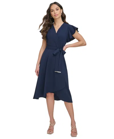 Dkny Women's Flutter-sleeve Tie-waist Faux-wrap Dress In Navy