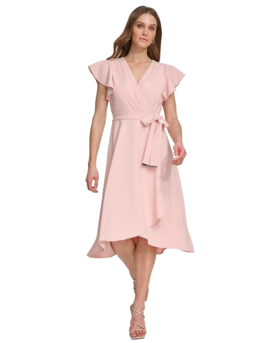 Dkny Women's Flutter-sleeve Tie-waist Faux-wrap Dress In Powder Pink