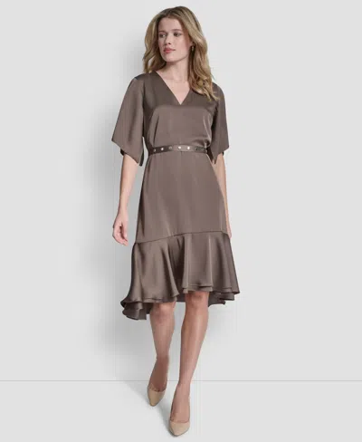 Dkny Women's Flutter Sleeve V-neck High Low Midi Dress In Brown