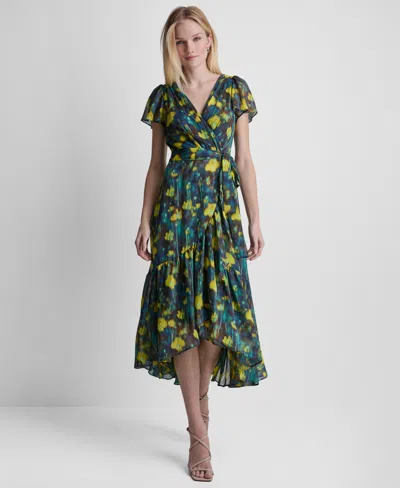 Dkny Women's Flutter-sleeve Faux Wrap Ruffle Hem Midi Dress In Multi