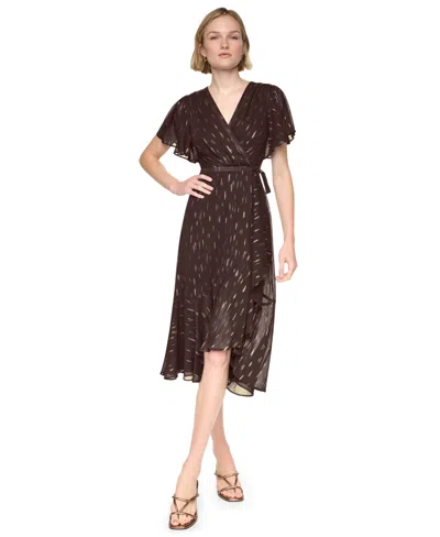 Dkny Women's Flutter-sleeve Ruffle V-neck Midi Dress In Brown