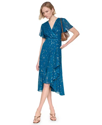 Dkny Women's Flutter-sleeve Ruffle V-neck Midi Dress In Blue