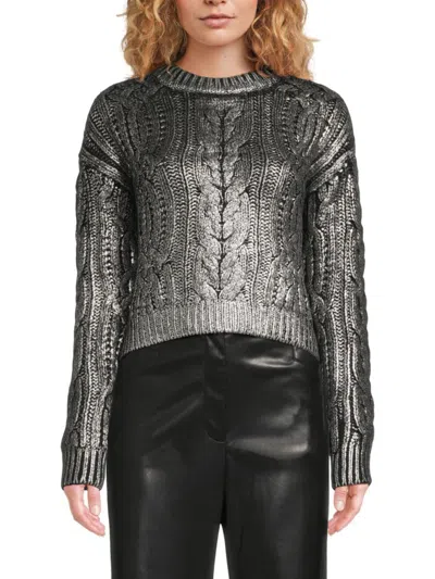 Dkny Women's Foil Print Cableknit Sweater In Black Silver