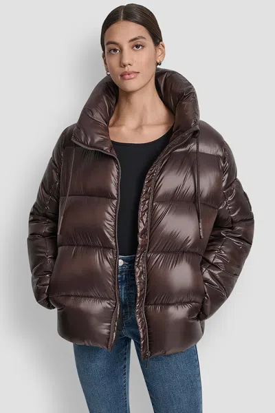 Dkny Women's Funnel-neck Lightweight Puffer Jacket In Brown